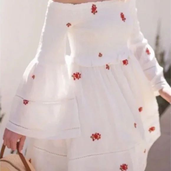 Free People White Counting Daisies Embroidered Off-The-Shoulder Dress, Sizelarge - Picture 2 of 4